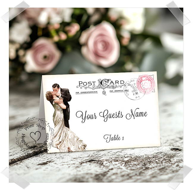 Bride & Groom Pink Stamp Postcard Tent Place Card #188